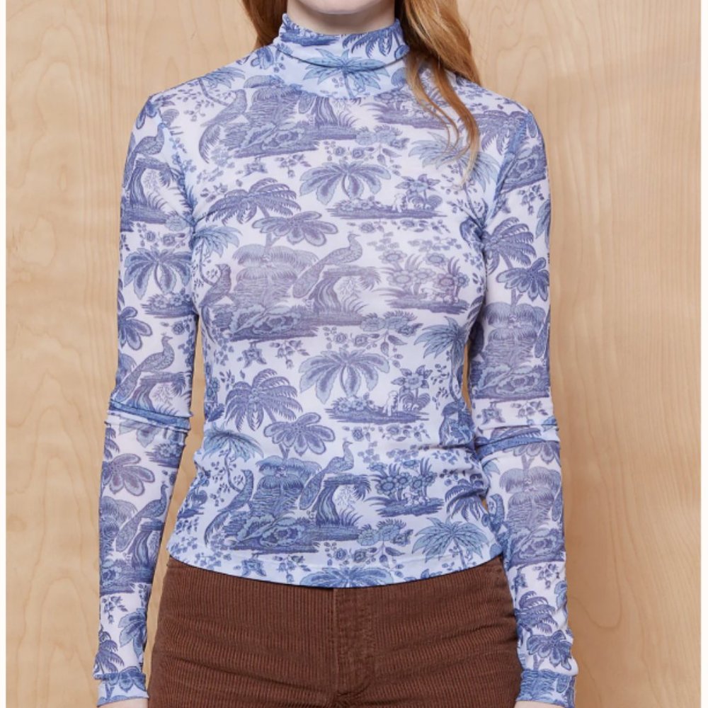STAUD Blue and White Printed Long Sleeve Turtleneck Top